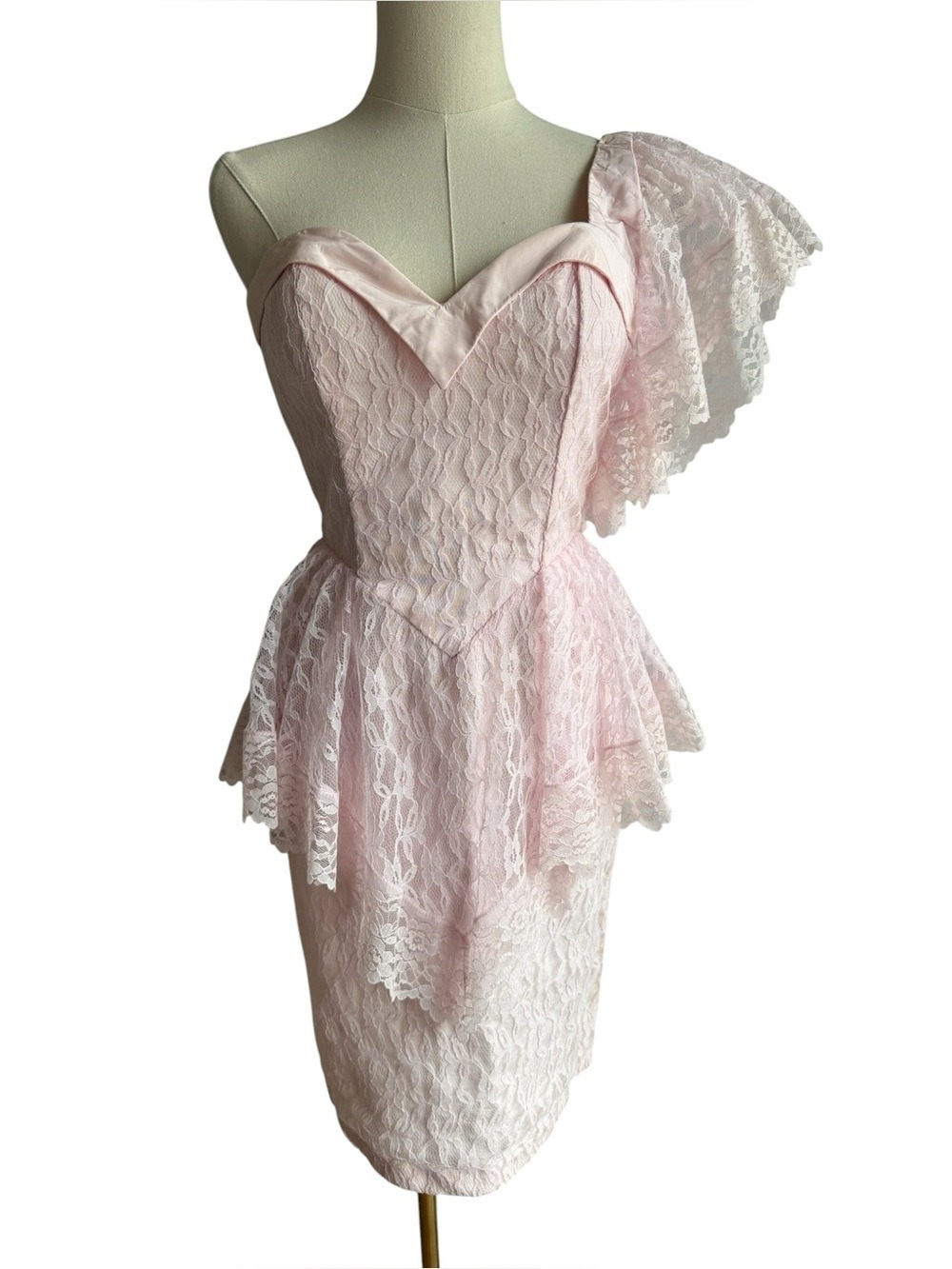 Vtg 80s Icy Pink Sweetheart Party Dress Sz 4 Lace One Shoulder Prom Retro Short
